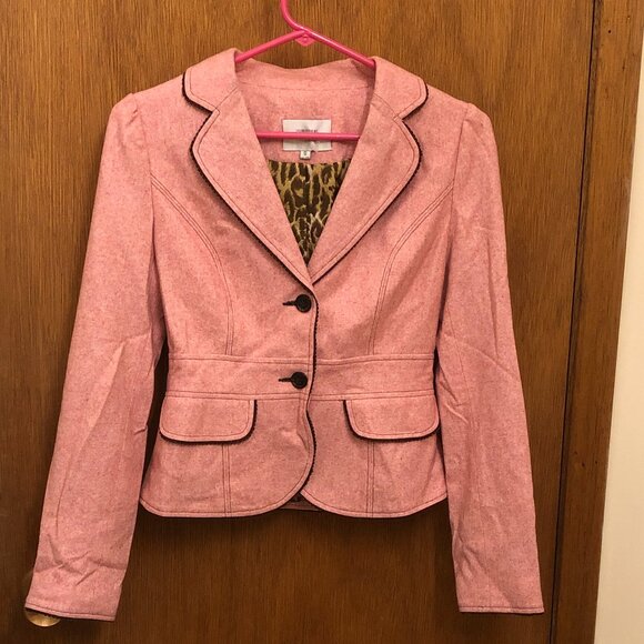 Pink blazer with brown trim and leopard print inner lining - Picture 1 of 4